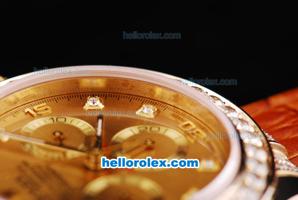 Rolex Daytona Oyster Perpetual Swiss Valjoux 7750 Chronograph Movement Full Rose Gold Case with Khaki Dial and Diamond Markers/Bezel-Brown Leather Strap - Click Image to Close